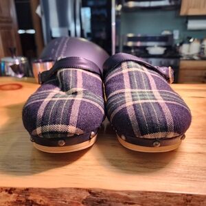 Lands' End Sherpa Lined Plaid Clogs Womens 6 Studded Wood Platform Mule Green